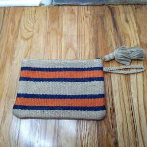 J. Jill Clutch Wristlet Boho Chic Burlap Material Tassels Orange Blue Tassels